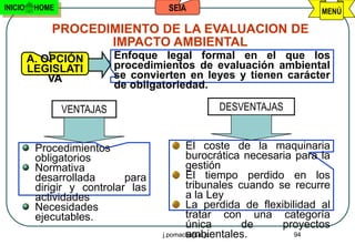 INICIO    HOME                        SEIA                             MENÚ

             PROCEDIMIENTO DE LA EVALUACION DE
                    IMPACTO AMBIENTAL
         A. OPCIÓN          Enfoque legal formal en el que los
         LEGISLATI          procedimientos de evaluación ambiental
             VA             se convierten en leyes y tienen carácter
                            de obligatoriedad.

                 VENTAJAS                        DESVENTAJAS


          Procedimientos                    El coste de la maquinaria
          obligatorios                      burocrática necesaria para la
          Normativa                         gestión
          desarrollada       para           El tiempo perdido en los
          dirigir y controlar las           tribunales cuando se recurre
          actividades                       a la Ley
          Necesidades                       La perdida de flexibilidad al
          ejecutables.                      tratar con una categoría
                                            única       de     proyectos
                                            ambientales.
                                     j.pomachagua p.              94
 
