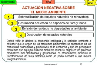 INICIO     HOME                             SEIA                               MENÚ

                           ACTUACIÓN NEGATIVA SOBRE
                               EL MEDIO AMBIENTE
         1            Sobreutilización de recursos naturales no renovables

             2        Destrucción acelerada de especies de flora y fauna

                  3        Emisión de residuos no degradables al ambiente

                       4      Destrucción de espacios naturales

         Desde 1980 se acelero la conciencia ecológica y la sociedad comenzó a
         entender que el origen de los problemas ambientales se encontraba en las
         estructuras económicas y productivas de la economía y que los principales
         problemas que aquejan al medio ambiente tienen su origen en los procesos
         productivos mal planificados y gestionados, es precisamente mediante la
         transformación de tales sistemas como se podía acceder a una mejora
         integral ambiental.
                                           j.pomachagua p.              97
 