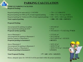 PARKING CALCULATION 
25 
VEHICLE PARKING FACILITIES 
Required Parking: 
Required parking for main unit @ 1.5 ECS/DU = 724 × 1.5 =1086 ECS 
Required parking for EWS @ 5% of total required parking = 1086 × 5 % = 54.3 say 55 ECS 
Required parking for Visitors @ 20% of total required parking = 1141 × 20 % = 228.2 say 228 ECS 
Total required parking = 1086 + 55 + 228 = 1369 ECS 
Proposed Parking: 
Area proposed for parking on surface = 1933.642 m2 
Area required for parking per ECS = 25 m2 
Proposed surface parking = 1933.642/25 = 77.3 ECS Say 77 ECS 
Area of Basement-1 = 37374.81 m2 
Area proposed for parking in Basement-1 = 29172.429 m2 
Parking Capacity of Basement-1 = 29172.429/35 m2 = 833 ECS 
Proposed parking in basement-1 = 683 ECS 
Area of Basement-2 = 36521.42 m2 
Area proposed for parking in Basement-2 = 28559.737 m2 
Parking Capacity of Basement-2 = 28559.737/35 m2 = 816 ECS 
Proposed parking in basement-2 = 674 ECS 
Total Proposed Parking =77 + 683 + 674 = 1434 ECS 
Hence, adequate space for 1434 ECS will be provided within the project premises. 
 
