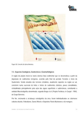 Figura 38: Corrente de deriva litorânea.




7.2 - Aspectos Geológicos, Geotécnicos e Geomorfológicos

A região do projeto insere-se numa extensa faixa sedimentar que se desenvolveu a partir da
deposição de sedimentos terrígenos, ocorrida pelo final do período Terciário e início do
Quaternário. Sendo oriundos dos terrenos cristalinos, atualmente expostos na região ao sul,
consistem numa sucessão de leitos e lentes de sedimentos clásticos, pouco consolidados,
retrabalhados principalmente pela ação das águas superficiais e subterrâneas, constituindo a
unidade llitoestratigráfica denominada, segundo Braga et al. (Projeto Fortaleza, in Gurgel - 1984),
de Grupo Barreiras.

Por fim, encimando o arcabouço estratigráfico da área, foram individualizadas as coberturas
colúvios-eluviais, Paleodunas, Dunas Móveis e Depósitos Flúvio-Aluvionares e de mangues.



EIA/RIMA – RECUPERAÇÃO DA PRAIA DE IRACEMA                                                      129
 