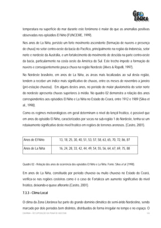 temperatura na superfície do mar durante este fenômeno é maior do que as anomalias positivas
observadas nos episódios El Niño (FUNCEME, 1999).

Nos anos de La Niña, persiste um forte movimento ascendente (formação de nuvens e presença
de chuva) no setor centro-oeste da bacia do Pacífico, principalmente na região da Indonésia, setor
norte e nordeste da Austrália, e um fortalecimento do movimento de descida na parte centro-oeste
da bacia, particularmente na costa oeste da América do Sul. Este trecho impede a formação de
nuvens e conseqüentemente pouca chuva na região Nordeste (Alves & Rapelli, 1997).

No Nordeste brasileiro, em anos de La Niña, as áreas mais localizadas ao sul desta região,
tendem a receber um índice mais significativo de chuvas, entre os meses de novembro a janeiro
(pré-estação chuvosa). Em alguns destes anos, no período de maior pluviometria do setor norte
do nordeste apresenta chuvas superiores à média. No quadro 02 demonstra a relação dos anos
correspondentes aos episódios El Niño e La Niña no Estado do Ceará, entre 1912 e 1989 (Silva et
al., 1998).

Como os regimes meteorológicos em geral determinam o nível do lençol freático, é possível que
em anos do episódio El Niño, caracterizados por secas na sub-região 1 do Nordeste, tenha-se um
rebaixamento significativo deste nível freático em regiões de terrenos arenosos. (Castro, 2001).



Anos de El Niño                    13, 18, 25, 30, 40, 51, 53, 57, 58, 63, 65, 70, 72, 86, 87

Anos de La Niña                    16, 24, 28, 33, 42, 44, 49, 54, 55, 56, 64, 67, 69, 75, 88



Quadro 02 - Relação dos anos de ocorrência dos episódios El Niño e La Niña. Fonte: Silva et al. (1998).

Em anos de La Niña, constituído por período chuvoso ou muito chuvoso no Estado do Ceará,
verifica-se nas regiões costeiras como é o caso de Fortaleza um aumento significativo do nível
freático, deixando-o quase aflorante.(Castro, 2001).

7.3.3 - Clima Local

O clima da Zona Litorânea faz parte do grande domínio climático do semi-árido Nordestino, sendo
marcado por dois períodos bem distintos, distribuídos de forma irregular no tempo e no espaço. O
EIA/RIMA – RECUPERAÇÃO DA PRAIA DE IRACEMA                                                                144
 