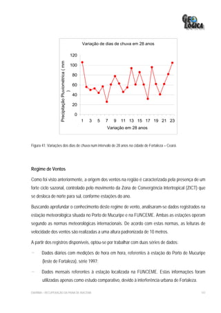 Variação de dias de chuva em 28 anos

                                                 120
                    Precipitação Pluviométrica ( mm
                                                 100

                                                      80

                                                      60
                                    )




                                                      40

                                                      20

                                                      0
                                                           1   3   5   7   9   11 13 15 17 19 21 23
                                                                       Variação em 28 anos



Figura 41: Variações dos dias de chuva num intervalo de 28 anos na cidade de Fortaleza – Ceará.




Regime de Ventos

Como foi visto anteriormente, a origem dos ventos na região é caracterizada pela presença de um
forte ciclo sazonal, controlado pelo movimento da Zona de Convergência Intertropical (ZICT) que
se desloca de norte para sul, conforme estações do ano.

Buscando aprofundar o conhecimento deste regime de vento, analisaram-se dados registrados na
estação meteorológica situada no Porto de Mucuripe e na FUNCEME. Ambas as estações operam
segundo as normas meteorológicas internacionais. De acordo com estas normas, as leituras de
velocidade dos ventos são realizadas a uma altura padronizada de 10 metros.

A partir dos registros disponíveis, optou-se por trabalhar com duas séries de dados:

-      Dados diários com medições de hora em hora, referentes à estação do Porto de Mucuripe
       (leste de Fortaleza), série 1997;

-      Dados mensais referentes à estação localizada na FUNCEME. Estas informações foram
       utilizadas apenas como estudo comparativo, devido à interferência urbana de Fortaleza.

EIA/RIMA – RECUPERAÇÃO DA PRAIA DE IRACEMA                                                            147
 