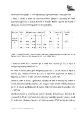 Foram analisados os dados de velocidade e direção de proveniência dos ventos superficiais.

A tabela 2 resume os dados da freqüência percentual (direção e velocidade) dos ventos
superficiais registrados na estação do Porto de Mucuripe durante o período de um ano de
observação. Os valores foram agrupados em classes distintas.



 Estação Direçã             Intervalo de velocidade (m/s)          %      V. média (m /      Total de
            o                                                                  s)             Obs.
                          1a5       >5 a 7 >7 a 9       >9
 Praia da        N           -       1,3       -         -        1,3           7,0
 Mucurip                                                                                      9850
                NE          6,65       2,19    -         -        8,84          4,2
    e
                 E        12,05       46,0    17,26     2,46      76,76         6,8
                SE          3,36       4,09   4,36     1,36       13,10         6,7


Tabela 6: Freqüência percentual dos ventos (direção e velocidade) registrada na estação meteorológica do porto de
Mucuripe, entre 1o de janeiro a 31 de dezembro de 1997. Fonte: COELCE (2004).




A análise dos dados mostra claramente que os ventos mais freqüentes (76,76%) na região de
Fortaleza provêm do quadrante leste (E).

Os ventos de sudeste (SE) ocupam a segunda posição com 13,10%; em seguida os ventos de
nordeste (NE), atingem percentuais de 8,84%, e praticamente desprezíveis em termos de
freqüência, os ventos de norte (N) apresentam percentuais de apenas 1,3%.

Embora os ventos de leste (E) sejam os mais freqüentes em todos os meses do ano, existem, no
entanto, importantes variações sazonais. Estas variações ficaram bastante evidentes por ocasião
do mês de outubro, quando os ventos de sudeste atingem os maiores picos de velocidade, entre
7,7 a 9,4 m/s.

Quando se analisam as freqüências por faixa de velocidade, observa-se que a dominância dos
ventos de leste (E) apresenta-se mais forte entre os meses de julho a outubro (estações secas).
Os ventos com velocidades superiores a 5 m/s representam 77,94% do total de medições.



EIA/RIMA – RECUPERAÇÃO DA PRAIA DE IRACEMA                                                                    148
 