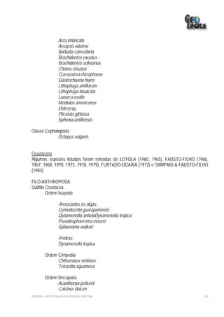 Arca imbricata
                  Arcopsis adamsi
                  Barbatia cancellaria
                  Brachidontes exustus
                  Brachidontes solisianus
                  Chama sinuosa
                  Crassostrea rhizophorae
                  Gastrochaena hians
                  Lithophaga antillarum
                  Lithophaga bisulcata
                  Lunarca ovalis
                  Modiolus americanus
                  Ostrea sp.
                  Plicatula gibbosa
                  Sphenia antillensis

Classe Cephalopoda
             Octopus vulgaris


Crustáceos
Algumas espécies listadas foram retiradas de LOYOLA (1960, 1965), FAUSTO-FILHO (1966,
1967, 1968, 1970, 1975, 1978, 1979), FURTADO-OGAWA (1972) e SAMPAIO & FAUSTO-FILHO
(1984).

FILO ARTHROPODA
Subfilo Crustacea
        Ordem Isopoda

                  -Associados as algas:
                  Cymodocella guarapariensis
                  Dynamenella antoniiDynamenella tropica
                  Pseudosphaeroma mourei
                  Sphaeroma walkeri

                  -Pedras:
                  Dynamenella tropica

         Ordem Cirripedia
               Chthamalus stellatus
               Tetraclita squamosa

         Ordem Decapoda
               Acanthonyx petiverii
               Calcinus tibicen
EIA/RIMA – RECUPERAÇÃO DA PRAIA DE IRACEMA                                         169
 