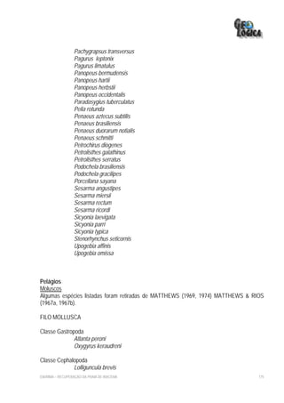 Pachygrapsus transversus
                  Pagurus leptonix
                  Pagurus limatulus
                  Panopeus bermudensis
                  Panopeus hartii
                  Panopeus herbstii
                  Panopeus occidentalis
                  Paradasygius tuberculatus
                  Pelia rotunda
                  Penaeus aztecus subtilis
                  Penaeus brasiliensis
                  Penaeus duorarum notialis
                  Penaeus schmitti
                  Petrochirus diogenes
                  Petrolisthes galathinus
                  Petrolisthes serratus
                  Podochela brasiliensis
                  Podochela gracilipes
                  Porcellana sayana
                  Sesarma angustipes
                  Sesarma miersii
                  Sesarma rectum
                  Sesarma ricordi
                  Sicyonia laevigata
                  Sicyonia parri
                  Sicyonia typica
                  Stenorhynchus seticornis
                  Upogebia affinis
                  Upogebia omissa



Pelágios
Moluscos
Algumas espécies listadas foram retiradas de MATTHEWS (1969, 1974) MATTHEWS & RIOS
(1967a, 1967b).

FILO MOLLUSCA

Classe Gastropoda
              Atlanta peroni
              Oxygyrus keraudreni

Classe Cephalopoda
             Lolliguncula brevis
EIA/RIMA – RECUPERAÇÃO DA PRAIA DE IRACEMA                                      175
 