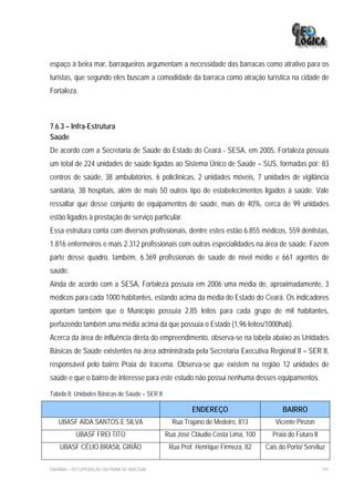 espaço à beira mar, barraqueiros argumentam a necessidade das barracas como atrativo para os
turistas, que segundo eles buscam a comodidade da barraca como atração turística na cidade de
Fortaleza.



7.6.3 – Infra-Estrutura
Saúde
De acordo com a Secretaria de Saúde do Estado do Ceará - SESA, em 2005, Fortaleza possuía
um total de 224 unidades de saúde ligadas ao Sistema Único de Saúde – SUS, formadas por: 83
centros de saúde, 38 ambulatórios, 6 policlínicas, 2 unidades móveis, 7 unidades de vigilância
sanitária, 38 hospitais, além de mais 50 outros tipo de estabelecimentos ligados à saúde. Vale
ressaltar que desse conjunto de equipamentos de saúde, mais de 40%, cerca de 99 unidades
estão ligados à prestação de serviço particular.
Essa estrutura conta com diversos profissionais, dentre estes estão 6.855 médicos, 559 dentistas,
1.816 enfermeiros e mais 2.312 profissionais com outras especialidades na área de saúde. Fazem
parte desse quadro, também, 6.369 profissionais de saúde de nível médio e 661 agentes de
saúde.
Ainda de acordo com a SESA, Fortaleza possuía em 2006 uma média de, aproximadamente, 3
médicos para cada 1000 habitantes, estando acima da média do Estado do Ceará. Os indicadores
apontam também que o Município possuía 2,85 leitos para cada grupo de mil habitantes,
perfazendo também uma média acima da que possuía o Estado (1,96 leitos/1000hab).
Acerca da área de influência direta do empreendimento, observa-se na tabela abaixo as Unidades
Básicas de Saúde existentes na área administrada pela Secretaria Executiva Regional II – SER II,
responsável pelo bairro Praia de Iracema. Observa-se que existem na região 12 unidades de
saúde e que o bairro de interesse para este estudo não possui nenhuma desses equipamentos.

Tabela 8: Unidades Básicas de Saúde – SER II

                                                        ENDEREÇO                        BAIRRO
   UBASF AÍDA SANTOS E SILVA                     Rua Trajano de Medeiro, 813         Vicente Pinzon
           UBASF FREI TITO                     Rua José Cláudio Costa Lima, 100     Praia do Futuro II
    UBASF CÉLIO BRASIL GIRÃO                    Rua Prof. Henrique Firmeza, 82    Cais do Porto/ Serviluz


EIA/RIMA – RECUPERAÇÃO DA PRAIA DE IRACEMA                                                               191
 