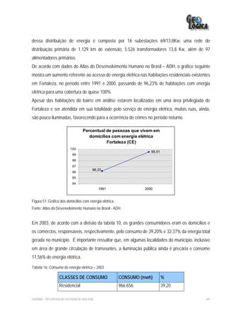 dessa distribuição de energia é composta por 16 subestações 69/13,8Kw, uma rede de
distribuição primária de 1.129 km de extensão, 5.526 transformadores 13,8 Kw, além de 97
alimentadores primários.
De acordo com dados do Atlas do Desenvolvimento Humano no Brasil – ADH, o gráfico seguinte
mostra um aumento referente ao acesso de energia elétrica nas habitações residenciais existentes
em Fortaleza, no período entre 1991 e 2000, passando de 96,23% de habitações com energia
elétrica para uma cobertura de quase 100%.
Apesar das habitações do bairro em análise estarem localizadas em uma área privilegiada de
Fortaleza e ser atendida em sua totalidade pelo serviço de energia elétrica, muitas ruas, ainda,
são pouco iluminadas, favorecendo para a ocorrência de crimes no período noturno.

                                  Percentual de pessoas que vivem em
                                     domicílios com energia elétrica
                                              Fortaleza (CE)
                          100
                                                                       99,51
                           99
                           98
                           97
                                         96,23
                           96
                           95
                           94
                                             1991                   2000


Figura 51: Gráfico dos domicílios com energia elétrica.
Fonte: Atlas do Desenvolvimento Humano no Brasil - ADH.


Em 2003, de acordo com a divisão da tabela 10, os grandes consumidores eram os domicílios e
os comércios, responsáveis, respectivamente, pelo consumo de 39,20% e 32,37% da energia total
gerada no município. É importante ressaltar que, em algumas localidades do município, inclusive
em área de grande circulação de transeuntes, a iluminação pública ainda é precária e consome
11,56% de energia elétrica.

Tabela 16: Consumo de energia elétrica – 2003

                  CLASSES DE CONSUMO                      CONSUMO (mwh)        %
                  Residencial                             966.656              39,20

EIA/RIMA – RECUPERAÇÃO DA PRAIA DE IRACEMA                                                   205
 