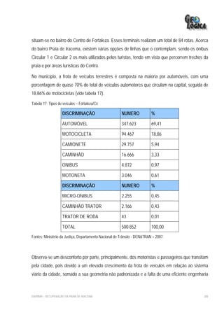 situam-se no bairro do Centro de Fortaleza. Esses terminais realizam um total de 84 rotas. Acerca
do bairro Praia de Iracema, existem várias opções de linhas que o contemplam, sendo os ônibus
Circular 1 e Circular 2 os mais utilizados pelos turistas, tendo em vista que percorrem trechos da
praia e por áreas turísticas do Centro.

No município, a frota de veículos terrestres é composta na maioria por automóveis, com uma
porcentagem de quase 70% do total de veículos automotores que circulam na capital, seguida de
18,86% de motocicletas (vide tabela 17).

Tabela 17: Tipos de veículos – Fortaleza/Ce

                     DISCRIMINAÇÃO                      NUMERO             %

                     AUTOMÓVEL                          347.623            69,41

                     MOTOCICLETA                        94.467             18,86

                     CAMIONETE                          29.757             5,94

                     CAMINHÃO                           16.666             3,33

                     ONIBUS                             4.872              0,97

                     MOTONETA                           3.046              0,61

                     DISCRIMINAÇÃO                      NUMERO             %

                     MICRO-ONIBUS                       2.255              0,45

                     CAMINHÃO TRATOR                    2.166              0,43

                     TRATOR DE RODA                     43                 0,01

                     TOTAL                              500.852            100,00
Fontes: Ministério da Justiça, Departamento Nacional de Trânsito - DENATRAN – 2007.




Observa-se um desconforto por parte, principalmente, dos motoristas e passageiros que transitam
pela cidade, pois devido a um elevado crescimento da frota de veículos em relação ao sistema
viário da cidade, somado a sua geometria não padronizada e a falta de uma eficiente engenharia



EIA/RIMA – RECUPERAÇÃO DA PRAIA DE IRACEMA                                                     208
 