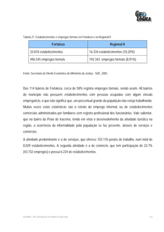 Tabela 21: Estabelecimentos e empregos formais em Fortaleza e na Regional II

                          Fortaleza                                            Regional II

      33.818 estabelecimentos                              16.334 estabelecimentos (10,20%)

      496.545 empregos formais                             192.343 empregos formais (8,91%)


Fonte: Secretaria de Direito Econômico do Ministério da Justiça - SDE, 2005.




Dos 114 bairros de Fortaleza, cerca de 58% registra empregos formais, sendo assim, 48 bairros
do município não possuem estabelecimentos com pessoas ocupadas com algum vínculo
empregatício, o que não significa que, um percentual grande da população não esteja trabalhando.
Muitas vezes estas estatísticas são o retrato do emprego informal, ou de estabelecimentos
comerciais administrados por familiares sem registro profissional dos funcionários. Vale salientar,
que no bairro da Praia de Iracema, tendo em vista o desenvolvimento da atividade turística na
região, a ocorrência da informalidade pela população se faz presente, através de serviços e
comércios.

A atividade predominante é a de serviços, que oferece 103.176 postos de trabalho, num total de
8.029 estabelecimentos. A segunda atividade é a de comércio, que tem participação de 22,7%
(43.732 empregos) e possui 6.224 de estabelecimentos.




EIA/RIMA – RECUPERAÇÃO DA PRAIA DE IRACEMA                                                      214
 