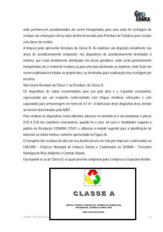 onde permanecem acondicionados até serem transportados para uma usina de reciclagem de
resíduos da construção civil ou outro destino licenciado pela Prefeitura de Fortaleza para receber
esta classe de resíduo.
A limpeza pode apresentar Resíduos da Classe B. As madeiras são dispostas inicialmente nas
áreas de acondicionamento temporário, nos dispositivos de acondicionamento destinados à
madeira, que estão devidamente distribuídas nos locais geradores, onde serão posteriormente
transportadas até a central de resíduos ou para uma baia destinadas as madeiras, onde ficam até
serem reutilizadas/recicladas na própria obra, ou destinadas para reutilização e/ou reciclagem por
terceiros.
Não haverá Resíduos da Classe C ou Resíduos da Classe D.
Os dispositivos de coleta recomendados para uso pela obra é a Caçamba estacionária,
representada por um recipiente confeccionado com chapas metálicas reforçadas e com
capacidade para armazenagem em torno de 4,5 m3. A fabricação deste dispositivo deve atender
às normas determinadas pela ABNT.
Para sinalizar os dispositivos serão utilizados adesivos no tamanho A-4 nas bombonas e placas
0,50 X 0,50 nos containers estacionários, quando for o caso. As cores e tonalidades seguirão o
padrão da Resolução CONAMA 275/01 e utilizarão o modelo sugerido para a identificação de
materiais na coleta seletiva, conforme apresentado na Figura 26.
O transporte dos resíduos da obra até seu destino deverá ser feito por empresas credenciadas na
EMLURB – Empresa Municipal de Limpeza Urbana e Cadastradas na SEMAM – Secretaria
Municipal de Meio Ambiente e Controle Urbano.
Excetuando-se os de Classe B, os quais deverão comprovar junto à empresa o respectivo destino.




                                        AREIAS, PEDRAS, CONCRETOS, CERÂMICAS VERMELHAS,
                                                 ARGAMASSA, CERÂMICA ESMALTADA

                                                      NÃO COLOCAR GESSO.

EIA/RIMA – RECUPERAÇÃO DA PRAIA DE IRACEMA                                                     279
 
