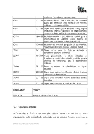 de efluentes lançados em corpos de água.
009/87                               03.12.87 Estabelece normas para a realização de audiência
                                              pública para informação sobre projetos e seus impactos
                                              ambientais e discussão do RIMA.
010/87                               03.12.87 Dispõe sobre implantação de Estações Ecológicas pala
                                              entidade ou empresa responsável por empreendimento
                                              que causem danos às florestas e outros ecossistemas.
001/88                               16.03.88 Estabelece critérios e procedimentos básicos para a
                                              implementação do Cadastro Técnico Federal de
                                              Atividades e Instrumentos de Defesa Ambiental.
02/88                                13.06.88 Estabelece as atividades que podem ser desenvolvidas
                                              nas Áreas de Relevante Interesse Ecológico (ARIE).
10/88                                14.12.88 Dispõe sobre Áreas de Proteção Ambiental -
                                              Zoneamento Ecológico-econômico.
237/97                               19.12.97 Revisa procedimentos e critérios utilizados no
                                              licenciamento ambiental e estabelece critérios para o
                                              exercício de competência para o licenciamento
                                              ambiental.
274/00                               29.11.00 Revisa os critérios de balneabilidade em águas
                                              costeiras.
303/202                              20.03.02 Dispõe sobre parâmetros, definições e limites de Áreas
                                              de Preservação Permanente.
313/02                               22.11.02 Dispõe sobre o Inventário Nacional de Resíduos Sólidos
                                              Industriais
341/03                               23.12.03 Dispõe sobre a utilização e definições das Dunas.


NORMA ABNT                      ESCOPO

NBR 10004                       Resíduos Sólidos - Classificação.




13.3 – Constituição Estadual


Art. 24: Incumbe ao Estado e aos municípios costeiros manter, cada um em sua esfera
organizacional, órgão especializado, sintonizado com as diretrizes federais, promovendo a


EIA/RIMA – RECUPERAÇÃO DA PRAIA DE IRACEMA                                                        299
 