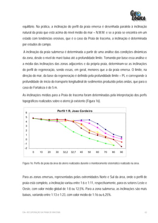equilíbrio. Na prática, a inclinação do perfil da praia emersa é desenhada paralela à inclinação
natural da praia que está acima do nível médio do mar – N.M.M; e se a praia se encontra em um
estado com tendências erosivas, que é o caso da Praia de Iracema, a inclinação é determinada
por estudos de campo.

A inclinação da praia submersa é determinada a partir de uma análise das condições dinâmicas
da zona, desde o nível de maré baixa até a profundidade limite. Tomando por base essa análise e
a média das inclinações das zonas adjacentes e da própria praia, determinam-se as inclinações
do perfil de regeneração, sendo essas, em geral, menores que a da praia emersa. O limite, na
direção do mar, da base da regeneração é definido pela profundidade limite – PL e corresponde à
profundidade de início do transporte longitudinal de sedimentos produzido pelas ondas, que para o
caso de Fortaleza é de 5 m.

As inclinações médias para a Praia de Iracema foram determinadas pela interpretação dos perfis
topográficos realizados sobre o aterro já existente (Figura 16).

                                 Perfil 1 R. Joao Cordeiro
  6
  5
  4
  3
  2
  1
  0
  -1
  -2
         0      10      20     30      32,2   32,7   40      50      60     70      80     90



Figura 16: Perfis de praia da área do aterro realizados durante o monitoramento sistemático realizado na área.



Para as zonas emersas, representadas pelas extremidades Norte e Sul da área, onde o perfil de
praia está completo, a inclinação variou entre 1:6 e 1:11, respectivamente, para os setores Leste e
Oeste, com valor médio global de 1:8 ou 12,5%. Para a zona submersa, as inclinações são mais
baixas, variando entre 1:13 e 1:23, com valor médio de 1:16 ou 6,25%.



EIA– RECUPERAÇÃO DA PRAIA DE IRACEMA                                                                             63
 