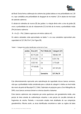 do Brasil. Desta forma a delineação do contorno das jazidas balizou-se nas profundidades de 2,30
m, o que contabiliza uma profundidade de dragagem de no máximo 1,20 m abaixo do nível atual
do substrato submerso.

O cálculo de estimativa de reserva (R) das jazidas é a relação direta entre a área da jazida (A)
vezes a profundidade da cota de rebaixamento (Cr) do leito do rio menos a profundidade média
(Pm) do banco submerso:

R = A x (Cr – Pm)) (Valores expressos em metros cúbicos m³).

Os valores calculados estão apresentados na tabela 1 e os seus somatórios representam uma
capacidade de 537.396,70 m³ ( Ver Figura 09).


Tabela 1 - Cubagem das jazidas identificadas no leio do rio Ceará.

                       Jazidas Área (m²)             Prof. Média (m) Cubagem (m³)

                       1               82.115,265    1,2             188.865,109

                       2               5.157,335     1,9             8.251,736

                       3               3.525,142     2,6             3.172,628

                                       177.424,85
                       4                             1,6             337.107,225
                                       5

                                                     Somatório       537.396,70



Este dimensionamento representa uma subestimação da capacidade desses bancos arenosos,
visto que a profundidade média considerada para o cálculo de cubagem é relativa ao nível médio
das marés do porto do Mucuripe/CE (1,58m). Sobretudo em projeções para o Zero Hidrográfico da
DHN, esses bancos arenosos tornam-se emersos durante a baixamar.

Estes bancos submersos são compostos por areias quartzosas com granulometria média, uma
porção de lama oriunda da sedimentação estuarina e uma porção de cascalho derivado de
fragmentos de concha. Portanto, é necessário estudos mais detalhados de sua composição
granulométrica. Mesmo assim, as áreas identificadas encontram-se sobre as regiões do baixo

EIA– RECUPERAÇÃO DA PRAIA DE IRACEMA                                                          67
 