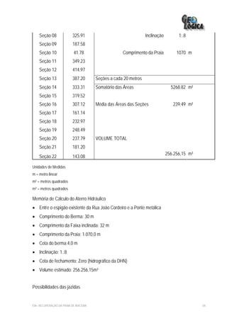 Seção 08              325.91                                 Inclinação         1:.8
    Seção 09              187.58
    Seção 10               41.78                    Comprimento da Praia           1070 m
    Seção 11              349.23
    Seção 12              414.97
    Seção 13              387.20       Seções a cada 20 metros
    Seção 14              333.31       Somatório das Áreas                      5268.82 m²
    Seção 15              319.52
    Seção 16              307.12       Média das Áreas das Seções                239.49 m²
    Seção 17              161.14
    Seção 18              232.97
    Seção 19              248.49
    Seção 20              237.79       VOLUME TOTAL
    Seção 21              181.20
                                                                              256.256,15 m³
    Seção 22              143.08

Unidades de Medidas
m = metro linear
m² = metros quadrados
m³ = metros quadrados

Memória de Cálculo do Aterro Hidráulico
• Entre o espigão existente da Rua João Cordeiro e a Ponte metálica
• Comprimento do Berma: 30 m
• Comprimento da Faixa inclinada: 32 m
• Comprimento da Praia; 1.070,0 m
• Cota do berma:4,0 m
• Inclinação: 1.:8
• Cota de fechamento: Zero (hidrográfico da DHN)
• Volume estimado: 256.256,15m³


Possibilidades das jazidas


EIA– RECUPERAÇÃO DA PRAIA DE IRACEMA                                                          84
 
