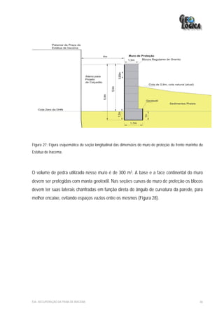 Figura 27: Figura esquemática da seção longitudinal das dimensões do muro de proteção da frente marinha da
Estátua de Iracema.




O volume de pedra utilizado nesse muro é de 300 m3. A base e a face continental do muro
devem ser protegidas com manta geotextil. Nas seções curvas do muro de proteção os blocos
devem ter suas laterais chanfradas em função direta do ângulo de curvatura da parede, para
melhor encaixe, evitando espaços vazios entre os mesmos (Figura 28).




EIA– RECUPERAÇÃO DA PRAIA DE IRACEMA                                                                    86
 