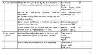 7 Noise Pollution Check the measures taken by the manufacturers to
minimize noise while procuring machinery equipment
Manufactures of
Equipment/
Contract Agency Under
supervision of GoG
Provide ear muff/plugs/ personnel protection
equipment
to workers working near machines, boring sites and
crushers operation
Contract agencies under
supervision of GoG
Ensure proper maintenance of machines and trucks to
keep them with low noise
Contract agency under
supervision of GoG
Sound barriers shall be installed and trees shall be
planted places during the construction phase
Kalpasar Dept or
Designated Agency
8 Construction
Camps
Provide chlorinated drinking water to the camps and
which shall meet national potable water standards
Government of
Gujarat
/Designated
Agency
Ensure adequate public health facilities to workers Government of
Gujarat Health
Department
23
 