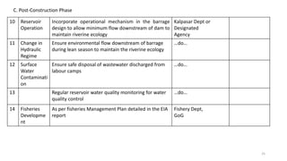 C. Post-Construction Phase
10 Reservoir
Operation
Incorporate operational mechanism in the barrage
design to allow minimum flow downstream of dam to
maintain riverine ecology
Kalpasar Dept or
Designated
Agency
11 Change in
Hydraulic
Regime
Ensure environmental flow downstream of barrage
during lean season to maintain the riverine ecology
…do…
12 Surface
Water
Contaminati
on
Ensure safe disposal of wastewater discharged from
labour camps
…do…
13 Regular reservoir water quality monitoring for water
quality control
…do…
14 Fisheries
Developme
nt
As per fisheries Management Plan detailed in the EIA
report
Fishery Dept,
GoG
25
 