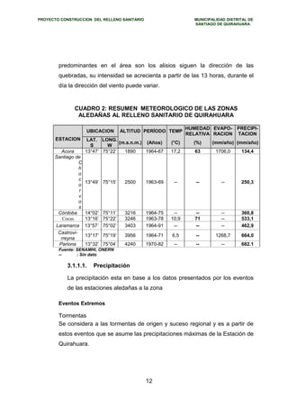 PROYECTO CONSTRUCCION DEL RELLENO SANITARIO MUNICIPALIDAD DISTRITAL DE 
SANTIAGO DE QUIRAHUARA 
predominantes en el área son los alisios siguen la dirección de las 
quebradas, su intensidad se acrecienta a partir de las 13 horas, durante el 
día la dirección del viento puede variar. 
CUADRO 2: RESUMEN METEOROLOGICO DE LAS ZONAS 
ALEDAÑAS AL RELLENO SANITARIO DE QUIRAHUARA 
ESTACION 
UBICACION ALTITUD PERÍODO TEMP HUMEDAD 
RELATIVA 
EVAPO-RACION 
PRECIPI-TACION 
LAT. 
S 
LONG. 
W (m.s.n.m.) (Años) (°C) (%) (mm/año) (mm/año) 
Acora 13°47’ 75°22’ 1890 1964-67 17,2 63 1706,0 134,4 
Santiago de 
Chocorvos 
13°49’ 75°15’ 2500 1963-69 -- -- -- 250,3 
Córdoba 14°02’ 75°11’ 3216 1964-75 -- -- -- 360,8 
Cocas 13°16’ 75°22’ 3246 1963-78 10,9 71 -- 533,1 
Laramarca 13°57´ 75°02’ 3403 1964-91 -- -- -- 462,9 
Castrovi-rreyna 
13°17’ 75°19’ 3956 1964-71 6,5 -- 1268,7 664,0 
Pariona 13°32’ 75°04’ 4240 1970-82 -- -- -- 682.1 
Fuente: SENAMHI, ONERN 
-- : Sin dato 
3.1.1.1. Precipitación 
La precipitación esta en base a los datos presentados por los eventos 
de las estaciones aledañas a la zona 
Eventos Extremos 
Tormentas 
Se considera a las tormentas de origen y suceso regional y es a partir de 
estos eventos que se asume las precipitaciones máximas de la Estación de 
Quirahuara. 
12 
 