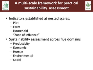 A multi-scale framework for practical 
sustainability assessment 
• Indicators established at nested scales: 
– Plot 
– Farm 
– Household 
– “Zone of influence” 
• Sustainability assessment across five domains 
– Productivity 
– Economic 
– Human 
– Environmental 
– Social 
 