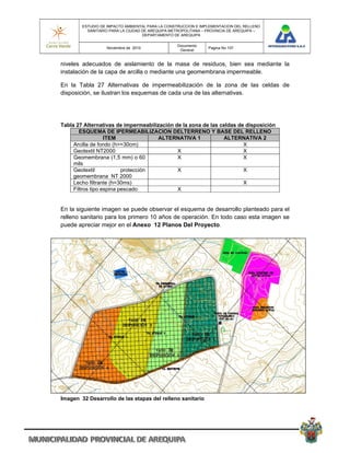 ESTUDIO DE IMPACTO AMBIENTAL PARA LA CONSTRUCCION E IMPLEMENTACION DEL RELLENO
          SANITARIO PARA LA CIUDAD DE AREQUIPA METROPOLITANA – PROVINCIA DE AREQUIPA –
                                   DEPARTAMENTO DE AREQUIPA

                                                 Documento
                  Noviembre de 2010                            Pagina No 107
                                                  General


niveles adecuados de aislamiento de la masa de residuos, bien sea mediante la
instalación de la capa de arcilla o mediante una geomembrana impermeable.

En la Tabla 27 Alternativas de impermeabilización de la zona de las celdas de
disposición, se ilustran los esquemas de cada una de las alternativas.




Tabla 27 Alternativas de impermeabilización de la zona de las celdas de disposición
        ESQUEMA DE IPERMEABILIZACION DELTERRENO Y BASE DEL RELLENO
                   ITEM              ALTERNATIVA 1             ALTERNATIVA 2
     Arcilla de fondo (h>=30cm)                                        X
     Geotextil NT2000                        X                         X
     Geomembrana (1,5 mm) o 60               X                         X
     mils
     Geotextil            protección         X                         X
     geomembrana NT 2000
     Lecho filtrante (h=30ms)                                          X
     Filtros tipo espina pescado             X


En la siguiente imagen se puede observar el esquema de desarrollo planteado para el
relleno sanitario para los primero 10 años de operación. En todo caso esta imagen se
puede apreciar mejor en el Anexo 12 Planos Del Proyecto.




Imagen 32 Desarrollo de las etapas del relleno sanitario
 