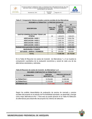 ESTUDIO DE IMPACTO AMBIENTAL PARA LA CONSTRUCCION E IMPLEMENTACION DEL RELLENO
          SANITARIO PARA LA CIUDAD DE AREQUIPA METROPOLITANA – PROVINCIA DE AREQUIPA –
                                   DEPARTAMENTO DE AREQUIPA

                                                 Documento
                  Noviembre de 2010                              Pagina No 115
                                                  General




Tabla 41 Comparación Valores actuales a precios sociales de las Alternativas
                   RESUMEN ALTERNATIVA 1 A PRECIOS SOCIALES
                                                                        A1                    A2
                                                                      COSTO
                                                     VIDA UTIL                        COSTO TOTAL
                DESCRIPCION                                           TOTAL
                                                      (AÑOS)                             (Soles)
                                                                      (Soles)
                                                                                        PRECIOS
                                                                     PRECIOS
                                                                                       SOCIALES
                                                                     SOCIALES
  GASTOS GENERALES PARA TODAS LAS
              ETAPAS                                     20           1.453.673          1.520.873
           ADECUACION VASO 1                                 -        3.612.099          5.934.794
           ADECUACION VASO 2                                 -        2.448.131          4.633.513
           ADECUACION VASO 3                                 -        2.305.786          5.876.893
           ADECUACION VASO 4                                 -        2.539.705          4.884.882
Subtotal obras generales de adecuación inicial               -       12.359.394         22.850.956
           MAQUINARIA Y EQUIPO                            5           3.084.593          3.084.593
      ESTUDIOS - DIEÑOS Y PERMISOS                       10            243.000            243.000
                    TOTAL                                    -       15.686.988         26.178.549


En la Tabla 42 Resumen de costos de inversión de Alternativas 1 y 2 se muestra la
comparación cuantitativa de la evaluación económica y social de cada una de las
alternativas estudiadas y valoradas.



Tabla 42 Resumen de costos de inversión de Alternativas 1 y 2
                 RESUMEN COMPARATIVO ALTERNATIVAS 1 Y 2
                                              PRECIOS               PRECIOS SOCIALES
           ALTERNATIVA
                                            MERCADO (S/)                  (S/)

ALTERNATIVA 1                                   19.764.685                       15.686.988
ALTERNATIVA 2                                   31.076.650                       26.178.549
DIFERENCIA (S/)                                    11.311.966                       10.491.561




Según los análisis desarrollados de evaluación de precios de mercado y precios
sociales del proyecto en el estudio de Pre factibilidad aprobado, se desarrolla y escoge
como mejor alternativa la No 1. Para esto se puede apreciar en la Tabla 43 Selección
de alternativas para desarrollo del proyecto los criterios de selección:
 