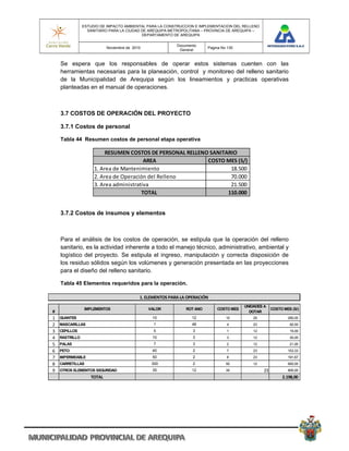 ESTUDIO DE IMPACTO AMBIENTAL PARA LA CONSTRUCCION E IMPLEMENTACION DEL RELLENO
                  SANITARIO PARA LA CIUDAD DE AREQUIPA METROPOLITANA – PROVINCIA DE AREQUIPA –
                                           DEPARTAMENTO DE AREQUIPA

                                                            Documento
                            Noviembre de 2010                             Pagina No 130
                                                             General


    Se espera que los responsables de operar estos sistemas cuenten con las
    herramientas necesarias para la planeación, control y monitoreo del relleno sanitario
    de la Municipalidad de Arequipa según los lineamientos y practicas operativas
    planteadas en el manual de operaciones.



    3.7 COSTOS DE OPERACIÓN DEL PROYECTO

    3.7.1 Costos de personal

    Tabla 44 Resumen costos de personal etapa operativa

                          RESUMEN COSTOS DE PERSONAL RELLENO SANITARIO 
                                         AREA               COSTO MES (S/)
                     1. Area de Mantenimiento                                  18.500
                     2. Area de Operación del Relleno                          70.000
                     3. Area administrativa                                    21.500
                                        TOTAL                                
                                                                            110.000


    3.7.2 Costos de insumos y elementos



    Para el análisis de los costos de operación, se estipula que la operación del relleno
    sanitario, es la actividad inherente a todo el manejo técnico, administrativo, ambiental y
    logístico del proyecto. Se estipula el ingreso, manipulación y correcta disposición de
    los residuo sólidos según los volúmenes y generación presentada en las proyecciones
    para el diseño del relleno sanitario.

    Tabla 45 Elementos requeridos para la operación.

                                            1. ELEMENTOS PARA LA OPERACIÓN 
                                                                                          UNIDADES A
                IMPLEMENTOS                     VALOR           ROT ANO       COSTO MES                 COSTO MES (S/)
#                                                                                           DOTAR
1   GUANTES                                      10                12              10         29                    290,00
2   MASCARILLAS                                   1                48              4          23                     92,00
3   CEPILLOS                                      5                3               1          12                     15,00
4   RASTRILLO                                    10                3               3          12                     30,00
5   PALAS                                         7                3               2          12                     21,00
6   PETO                                         40                2               7          23                    153,33
7   IMPERMEABLE                                  50                2               8          23                    191,67
8   CARRETILLAS                                  300               2               50         12                    600,00
9   OTROS ELEMENTOS SEGURIDAD                    35                12              35              23               805,00
                   TOTAL                                                                                            2.198,00
 