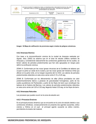 ESTUDIO DE IMPACTO AMBIENTAL PARA LA CONSTRUCCION E IMPLEMENTACION DEL RELLENO
          SANITARIO PARA LA CIUDAD DE AREQUIPA METROPOLITANA – PROVINCIA DE AREQUIPA –
                                   DEPARTAMENTO DE AREQUIPA

                                                 Documento
                  Noviembre de 2010                            Pagina No 149
                                                  General




                                       Arequipa




Imagen 54 Mapa de calificación de provincias según niveles de peligros volcánicos.



4.6.2 Amenaza Sísmica

Con base a la microzonificación sísmica de la ciudad de Arequipa realizada por
Aguilar, Alva, (2002) se observa que en el área de estudio (relleno sanitario de
Arequipa) y considerando básicamente las condiciones geotécnicas de los suelos, se
tienen valores de periodos predominantes que han sido agrupados en rangos para
definir la zonificación sísmica.

ZONA A: Conformada por las rocas ígneas intrusivas de la Cordillera de laderas que
ocupan la parte sur oeste de la ciudad y por las rocas ígneas del Volcánico Chila que
afloran en la parte norte, en la margen izquierda del río Chili. Los valores de períodos
predominantes obtenidos en esta zona varían entre 0.15 y 0.25 seg.

ZONA B: Conformada por los afloramientos de sillar ((Roca piroclástica de color
predominantemente blanco a grisáceo de granulosidad homogénea), parte de los
suelos puzolánicos de Pachacútec y parte de los flujos de barro que constituyen las
laderas de la Cadena del Barroso. Los valores de períodos predominantes obtenidos
en esta zona varían de 0.20 a 0.30 seg, llegando hasta 0.35 seg, en los flujos de barro.

4.6.2 Amenazas Naturales

Los procesos que pueden ocurrir en la zona de estudio son:

4.6.2.1 Procesos Erosivos
Es el principal proceso dinámico que se encuentra en la zona de estudio debido a sus
condiciones climáticas, consecuentemente se presenta dos agentes causantes, eólico
(viento) y Hídrico en el cual el principal agente causante es eólico (viento),
permitiendo el arrastre del material.
 