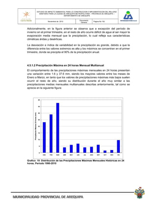 ESTUDIO DE IMPACTO AMBIENTAL PARA LA CONSTRUCCION E IMPLEMENTACION DEL RELLENO
                                             SANITARIO PARA LA CIUDAD DE AREQUIPA METROPOLITANA – PROVINCIA DE AREQUIPA –
                                                                      DEPARTAMENTO DE AREQUIPA

                                                                                             Documento
                                                       Noviembre de 2010                                       Pagina No 152
                                                                                              General


Adicionalmente, en la figura anterior se observa que a excepción del período de
invierno en el primer trimestre, en el resto de año ocurre déficit de agua al ser mayor la
evaporación media mensual que la precipitación, lo cual refleja sus características
climáticas áridas y desérticas.

La desviación e índice de variabilidad en la precipitación es grande, debido a que la
diferencia entre los valores extremos es alta y los máximos se concentran en el primer
trimestre, donde se precipita el 90% de la precipitación anual.




4.5.1.2 Precipitación Máxima en 24 horas Mensual Multianual
El comportamiento de las precipitaciones máximas mensuales en 24 horas presentan
una variación entre 1.6 y 37.6 mm, siendo los mayores valores entre los meses de
Enero a Marzo, en tanto que los valores de precipitaciones máximas más bajos suelen
ocurrir el resto de año, siendo su distribución durante el año muy similar a las
precipitaciones medias mensuales multianuales descritas anteriormente, tal como se
aprecia en la siguiente figura:



                                            40



                                            35
      Precipitación Máxima 24 horas (mm)




                                            30



                                            25



                                            20



                                            15



                                            10



                                            5



                                            0
                                                 ENE     FEB    MAR        ABR   MAY   JUN       JUL     AGO       SEP    OCT   NOV   DIC



Grafico 19 Distribución de las Precipitaciones Máximas Mensuales Históricas en 24
horas. Período 1990-2010
 