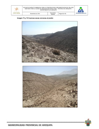 ESTUDIO DE IMPACTO AMBIENTAL PARA LA CONSTRUCCION E IMPLEMENTACION DEL RELLENO
         SANITARIO PARA LA CIUDAD DE AREQUIPA METROPOLITANA – PROVINCIA DE AREQUIPA –
                                  DEPARTAMENTO DE AREQUIPA

                                                Documento
                 Noviembre de 2010                            Pagina No 183
                                                 General


Imagen 73 y 74 Cuencas secas cercanas al predio
 