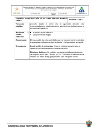 ESTUDIO DE IMPACTO AMBIENTAL PARA LA CONSTRUCCION E IMPLEMENTACION DEL RELLENO
           SANITARIO PARA LA CIUDAD DE AREQUIPA METROPOLITANA – PROVINCIA DE AREQUIPA –
                                    DEPARTAMENTO DE AREQUIPA

                                                  Documento
                    Noviembre de 2010                           Pagina No 302
                                                   General


Programa: CONSTRUCCIÓN DE SISTEMAS PARA EL MANEJOO
                                                   No ficha: 8 de 11
GASES
Tiempo de          proyecto. Desde el primer día de operación deberán estar
medidas:           implementadas y en estado operativos las chimeneas de la zona que se
                   encuentre en operación.

Monitoreo      y       Volumen de gas colectado.
control                Composición de Biogás.
ambiental:
Responsable:       El responsable de estas actividades será el operador del proyecto bajo
                   la supervisión de la interventoría ambiental y de la autoridad ambiental.

Cronograma         Construcción de chimeneas: Antes de inicio de operaciones y se
                   desarrolla permanentemente durante la operación.

                   Monitoreo de Gases: Se realizara semestralmente la caracterización
                   del Biogás (CO – CH4 – CAUDAL – EXPLOSIVIDAD). Esta actividad se
                   relazará por medio de equipos portátiles para trabajo en campo.
 