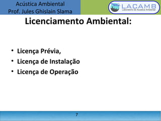Acústica Ambiental
Prof. Jules Ghislain Slama
7
Licenciamento Ambiental: 
• Licença Prévia, 
• Licença de Instalação 
• Licença de Operação
 