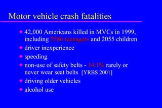 Motor vehicle crash fatalities 42,000 Americans killed in MVCs in 1999, including  5586 teenagers  and 2055 children driver inexperience speeding non-use of safety belts -  14.1%  rarely or never wear seat belts  [YRBS 2001] driving older vehicles alcohol use 