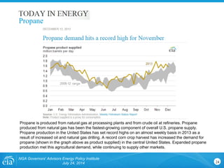 NGA Governors' Advisors Energy Policy Institute
July 24, 2014 24
Propane is produced from natural gas at processing plants and from crude oil at refineries. Propane
produced from natural gas has been the fastest-growing component of overall U.S. propane supply.
Propane production in the United States has set record highs on an almost weekly basis in 2013 as a
result of increased oil and natural gas drilling. A record corn crop harvest has increased the demand for
propane (shown in the graph above as product supplied) in the central United States. Expanded propane
production met this agricultural demand, while continuing to supply other markets.
Propane
 