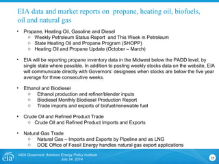 NGA Governors' Advisors Energy Policy Institute
July 24, 2014 25
EIA data and market reports on propane, heating oil, biofuels,
oil and natural gas
• Propane, Heating Oil, Gasoline and Diesel
o Weekly Petroleum Status Report and This Week in Petroleum
o State Heating Oil and Propane Program (SHOPP)
o Heating Oil and Propane Update (October – March)
• EIA will be reporting propane inventory data in the Midwest below the PADD level, by
single state where possible. In addition to posting weekly stocks data on the website, EIA
will communicate directly with Governors’ designees when stocks are below the five year
average for three consecutive weeks.
• Ethanol and Biodiesel
o Ethanol production and refiner/blender inputs
o Biodiesel Monthly Biodiesel Production Report
o Trade imports and exports of biofuel/renewable fuel
• Crude Oil and Refined Product Trade
o Crude Oil and Refined Product Imports and Exports
• Natural Gas Trade
o Natural Gas – Imports and Exports by Pipeline and as LNG
o DOE Office of Fossil Energy handles natural gas export applications
 