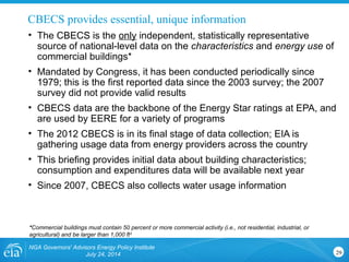 CBECS provides essential, unique information
• The CBECS is the only independent, statistically representative
source of national-level data on the characteristics and energy use of
commercial buildings*
• Mandated by Congress, it has been conducted periodically since
1979; this is the first reported data since the 2003 survey; the 2007
survey did not provide valid results
• CBECS data are the backbone of the Energy Star ratings at EPA, and
are used by EERE for a variety of programs
• The 2012 CBECS is in its final stage of data collection; EIA is
gathering usage data from energy providers across the country
• This briefing provides initial data about building characteristics;
consumption and expenditures data will be available next year
• Since 2007, CBECS also collects water usage information
NGA Governors' Advisors Energy Policy Institute
July 24, 2014 29
*Commercial buildings must contain 50 percent or more commercial activity (i.e., not residential, industrial, or
agricultural) and be larger than 1,000 ft2
 