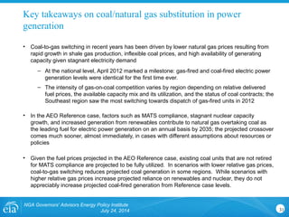 Key takeaways on coal/natural gas substitution in power
generation
• Coal-to-gas switching in recent years has been driven by lower natural gas prices resulting from
rapid growth in shale gas production, inflexible coal prices, and high availability of generating
capacity given stagnant electricity demand
– At the national level, April 2012 marked a milestone: gas-fired and coal-fired electric power
generation levels were identical for the first time ever.
– The intensity of gas-on-coal competition varies by region depending on relative delivered
fuel prices, the available capacity mix and its utilization, and the status of coal contracts; the
Southeast region saw the most switching towards dispatch of gas-fired units in 2012
• In the AEO Reference case, factors such as MATS compliance, stagnant nuclear capacity
growth, and increased generation from renewables contribute to natural gas overtaking coal as
the leading fuel for electric power generation on an annual basis by 2035; the projected crossover
comes much sooner, almost immediately, in cases with different assumptions about resources or
policies
• Given the fuel prices projected in the AEO Reference case, existing coal units that are not retired
for MATS compliance are projected to be fully utilized. In scenarios with lower relative gas prices,
coal-to-gas switching reduces projected coal generation in some regions. While scenarios with
higher relative gas prices increase projected reliance on renewables and nuclear, they do not
appreciably increase projected coal-fired generation from Reference case levels.
NGA Governors' Advisors Energy Policy Institute
July 24, 2014 31
 