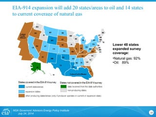 EIA-914 expansion will add 20 states/areas to oil and 14 states
to current coverage of natural gas
NGA Governors' Advisors Energy Policy Institute
July 24, 2014 35
Lower 48 states 
expanded survey 
coverage:
•Natural gas: 92%
•Oil: 89%
 
