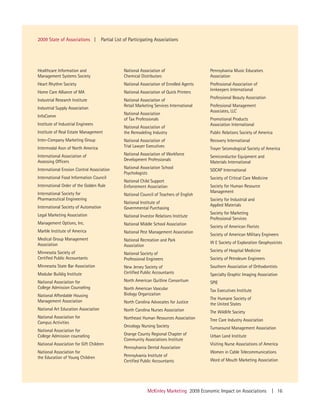 2009 State of Associations |         Partial List of Participating Associations




Healthcare Information and                       National Association of                   Pennsylvania Music Educators
Management Systems Society                       Chemical Distributors                     Association
Heart Rhythm Society                             National Association of Enrolled Agents   Professional Association of
                                                                                           Innkeepers International
Home Care Alliance of MA                         National Association of Quick Printers
                                                                                           Professional Beauty Association
Industrial Research Institute                    National Association of
                                                 Retail Marketing Services International   Professional Management
Industrial Supply Association
                                                                                           Associates, LLC
                                                 National Association
InfoComm
                                                 of Tax Professionals                      Promotional Products
Institute of Industrial Engineers                                                          Association International
                                                 National Association of
Institute of Real Estate Management              the Remodeling Industry                   Public Relations Society of America
Inter-Company Marketing Group                    National Association of                   Recovery International
Intermodal Assn of North America                 Trial Lawyer Executives
                                                                                           Troyer Seismological Society of America
International Association of                     National Association of Workforce
                                                                                           Semiconductor Equipment and
Assessing Officers                               Development Professionals
                                                                                           Materials International
International Erosion Control Association        National Association School
                                                                                           SOCAP International
                                                 Psychologists
International Food Information Council                                                     Society of Critical Care Medicine
                                                 National Child Support
International Order of the Golden Rule           Enforcement Association                   Society for Human Resource
International Society for                                                                  Management
                                                 National Council of Teachers of English
Pharmaceutical Engineering                                                                 Society for Industrial and
                                                 National Institute of
International Society of Automation                                                        Applied Materials
                                                 Governmental Purchasing
Legal Marketing Association                                                                Society for Marketing
                                                 National Investor Relations Institute
                                                                                           Professional Services
Management Options, Inc.                         National Middle School Association
                                                                                           Society of American Florists
Marble Institute of America                      National Pest Management Association
                                                                                           Society of American Military Engineers
Medical Group Management                         National Recreation and Park
Association                                                                                W E Society of Exploration Geophysicists
                                                 Association
Minnesota Society of                                                                       Society of Hospital Medicine
                                                 National Society of
Certified Public Accountants                     Professional Engineers                    Society of Petroleum Engineers
Minnesota State Bar Association                  New Jersey Society of                     Southern Association of Orthodontists
Modular Buildig Institute                        Certified Public Accountants              Specialty Graphic Imaging Association
National Association for                         North American Quitline Consortium        SPIE
College Admission Counseling                     North American Vascular                   Tax Executives Institute
National Affordable Housing                      Biology Organization
                                                                                           The Humane Society of
Management Association                           North Carolina Advocates for Justice      the United States
National Art Education Association               North Carolina Nurses Association         The Wildlife Society
National Association for                         Northeast Human Resources Association     Tree Care Industry Association
Campus Activities
                                                 Oncology Nursing Society                  Turnaround Management Association
National Association for
College Admission counseling                     Orange County Regional Chapter of         Urban Land Institute
                                                 Community Associations Institute
National Association for Gift Children                                                     Visiting Nurse Associations of America
                                                 Pennsylvania Dental Association
National Association for                                                                   Women in Cable Telecommunications
the Education of Young Children                  Pennsylvania Institute of
                                                 Certified Public Accountants              Word of Mouth Marketing Association




                                                              McKinley Marketing 2009 Economic Impact on Associations          | 16
 
