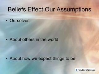 Beliefs Effect Our Assumptions
• Ourselves



• About others in the world



• About how we expect things to be
 