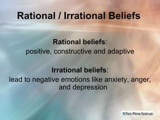 Rational / Irrational Beliefs

               Rational beliefs:
     positive, constructive and adaptive

              Irrational beliefs:
lead to negative emotions like anxiety, anger,
                 and depression
 