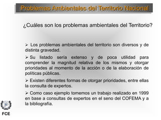  Los problemas ambientales del territorio son diversos y de
distinta gravedad.
 Su listado sería extenso y de poca utilidad para
comprender la magnitud relativa de los mismos y otorgar
prioridades al momento de la acción o de la elaboración de
políticas públicas.
 Existen diferentes formas de otorgar prioridades, entre ellas
la consulta de expertos.
 Como caso ejemplo tomemos un trabajo realizado en 1999
en base a consultas de expertos en el seno del COFEMA y a
la bibliografía.
Problemas Ambientales del Territorio Nacional
¿Cuáles son los problemas ambientales del Territorio?
FCE
 