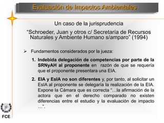 Un caso de la jurisprudencia
“Schroeder, Juan y otros c/ Secretaría de Recursos
Naturales y Ambiente Humano s/amparo” (1994)
Evaluación de Impactos Ambientales
 Fundamentos considerados por la jueza:
1. Indebida delegación de competencias por parte de la
SRNyAH al proponente en razón de que se requería
que el proponente presentara una EIA.
2. EIA y EsIA no son diferentes y, por tanto, al solicitar un
EsIA al proponente se delegaría la realización de la EIA.
Expone la Cámara que es correcta “…la afirmación de la
actora que en el derecho comparado no existen
diferencias entre el estudio y la evaluación de impacto
…”.
FCE
 