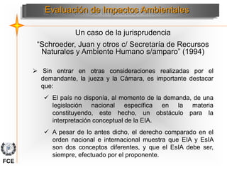 Un caso de la jurisprudencia
“Schroeder, Juan y otros c/ Secretaría de Recursos
Naturales y Ambiente Humano s/amparo” (1994)
Evaluación de Impactos Ambientales
 Sin entrar en otras consideraciones realizadas por el
demandante, la jueza y la Cámara, es importante destacar
que:
 El país no disponía, al momento de la demanda, de una
legislación nacional específica en la materia
constituyendo, este hecho, un obstáculo para la
interpretación conceptual de la EIA.
 A pesar de lo antes dicho, el derecho comparado en el
orden nacional e internacional muestra que EIA y EsIA
son dos conceptos diferentes, y que el EsIA debe ser,
siempre, efectuado por el proponente.
FCE
 