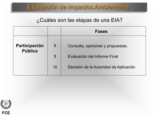 Fases
8 Consulta, opiniones y propuestas.
9
10
Evaluación del Informe Final
Participación
Pública
Decisión de la Autoridad de Aplicación
Evaluación de Impactos Ambientales
¿Cuáles son las etapas de una EIA?
FCE
 