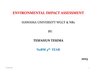 ENVIRONMENTAL IMPACT ASSESSMENT
HAWASSA UNIVERSITY WGCF & NRs
BY:
TESFAHUN TESEMA
NaRM 4th YEAR
2023
4/18/2024 1
 