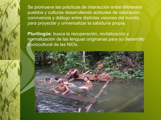 Se promueve las prácticas de interacción entre diferentes pueblos y culturas desarrollando actitudes de valoración, convivencia y diálogo entre distintas visiones del mundo, para proyectar y universalizar la sabiduría propia. Plurilingüe : busca la recuperación, revitalización y normalización de las lenguas originarias para su desarrollo sociocultural de las NIOs. 