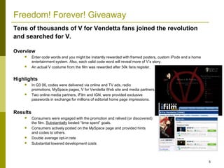 Freedom! Forever! Giveaway
Tens of thousands of V for Vendetta fans joined the revolution
and searched for V.

Overview
         Enter code words and you might be instantly rewarded with framed posters, custom iPods and a home
          entertainment system. Also, each valid code word will reveal more of V’s story.
         An actual V costume from the film was rewarded after 50k fans register.


Highlights
         In Q3 06, codes were delivered via online and TV ads, radio
          promotions, MySpace pages, V for Vendetta Web site and media partners.
         Two online media partners, iFilm and IGN, were provided exclusive
          passwords in exchange for millions of editorial home page impressions.


Results
         Consumers were engaged with the promotion and relived (or discovered)
          the film. Substantially bested “time spent” goals.
         Consumers actively posted on the MySpace page and provided hints
          and codes to others.
         Double average opt-in rate
         Substantial lowered development costs



                                                                                                              5
 