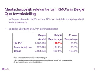 Maatschappelijk relevantie van KMO’s in België
Qua tewerkstelling
•   In Europa staan de KMO’s in voor 67% van de totale werkgelegenheid
    in de privé-sector

•   In België voor bijna 66% van de tewerkstelling

                                            België                  België               Europa
                                            Aantal         Percentage              Percentage
        KMO’s*                         1.683.556                    65,7%                   66,9%
        Grote bedrijven                   878.376                   34,3%                   33,1%
        Totaal                         2.561.933                  100,0%                  100,0%

        Bron : Europese Commissie/SBA Fact Sheet Belgium
        KMO : Kleine en middelgrote ondernemingen zijn bedrijven met minder dan 250 werknemers
        die geen deel uitmaken van grotere bedrijven.



                                                                                                    6
 
