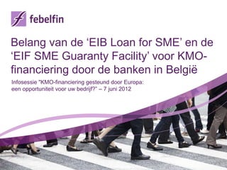 Belang van de ‘EIB Loan for SME’ en de
‘EIF SME Guaranty Facility’ voor KMO-
financiering door de banken in België
Infosessie "KMO-financiering gesteund door Europa:
een opportuniteit voor uw bedrijf?” – 7 juni 2012
 
