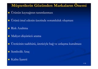 Müşterilerin Gözünden Markaların Önemi
   Ürünün kaynağının tanımlanması

   Ürünü imal edenin üzerinde sorumluluk oluşması

   Risk Azaltma

   Maliyet düşürücü arama

   Üreticinin taahhütü, üreticiyle bağ ve anlaşma kurulması
               taahhütü,

   Sembolik Araç

   Kalite İşareti
                                                               1.10
 